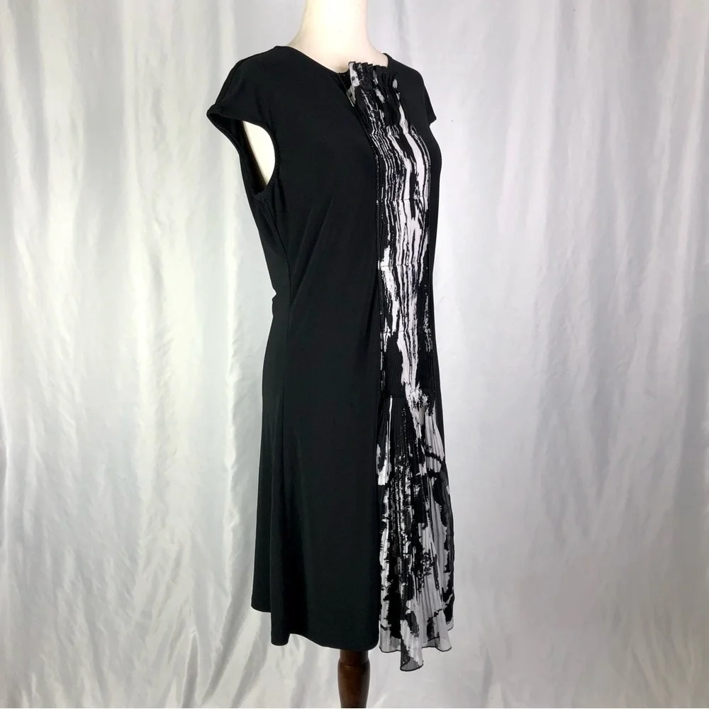 Samuel Dong pleated chiffon front dress stretch jersey cap sleeve black white M - Picture 10 of 10